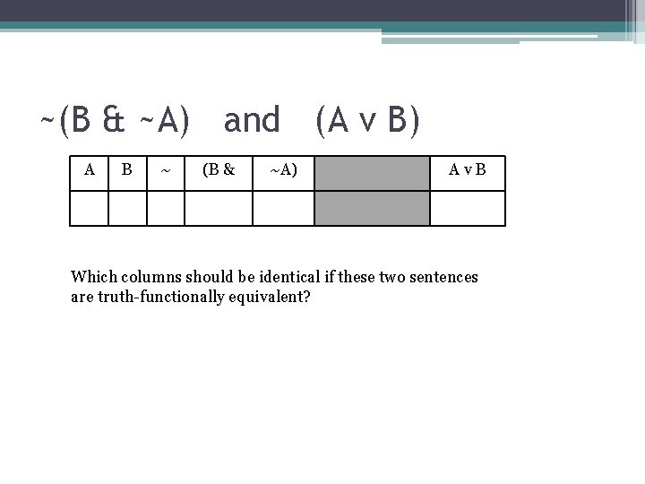 ~(B & ~A) and (A v B) A B ~ (B & ~A) Av.