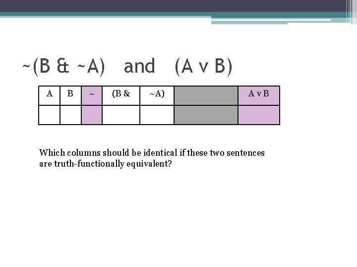 ~(B & ~A) and (A v B) A B ~ (B & ~A) Av.