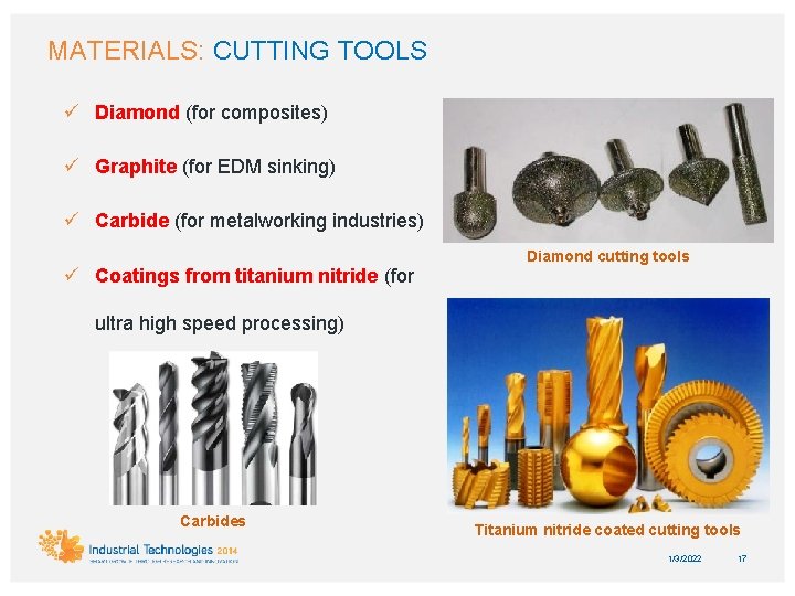 MATERIALS: CUTTING TOOLS ü Diamond (for composites) ü Graphite (for EDM sinking) ü Carbide