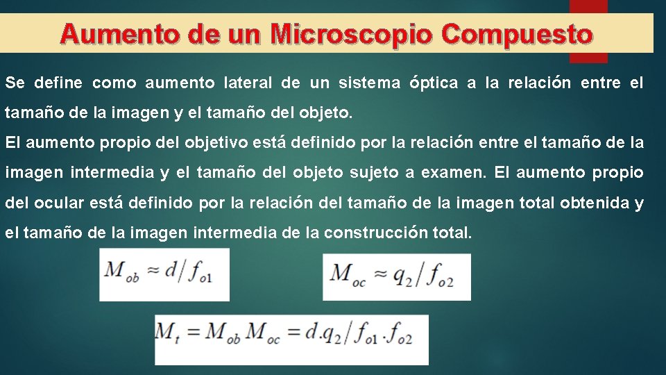 Aumento de un Microscopio Compuesto Se define como aumento lateral de un sistema óptica Aumento de un Microscopio Compuesto Se define como aumento lateral de un sistema óptica