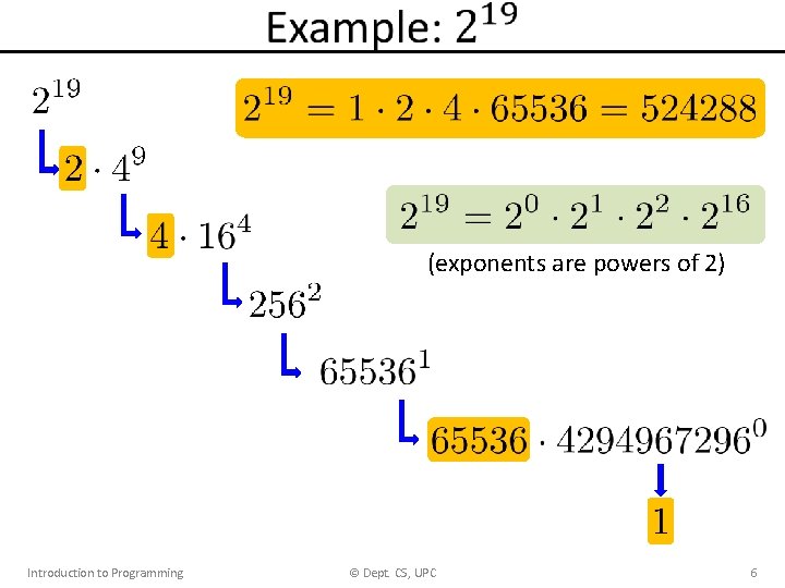 (exponents are powers of 2) Introduction to Programming © Dept. CS, UPC 6 (exponents are powers of 2) Introduction to Programming © Dept. CS, UPC 6