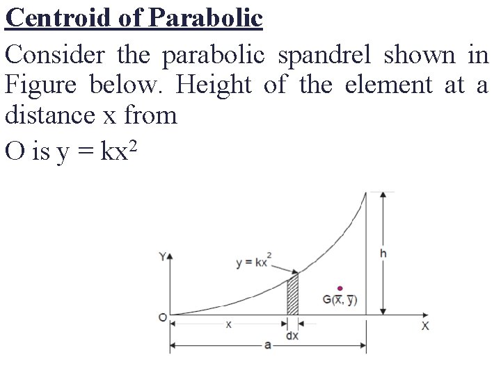 Centroid of Parabolic Consider the parabolic spandrel shown in Figure below. Height of the