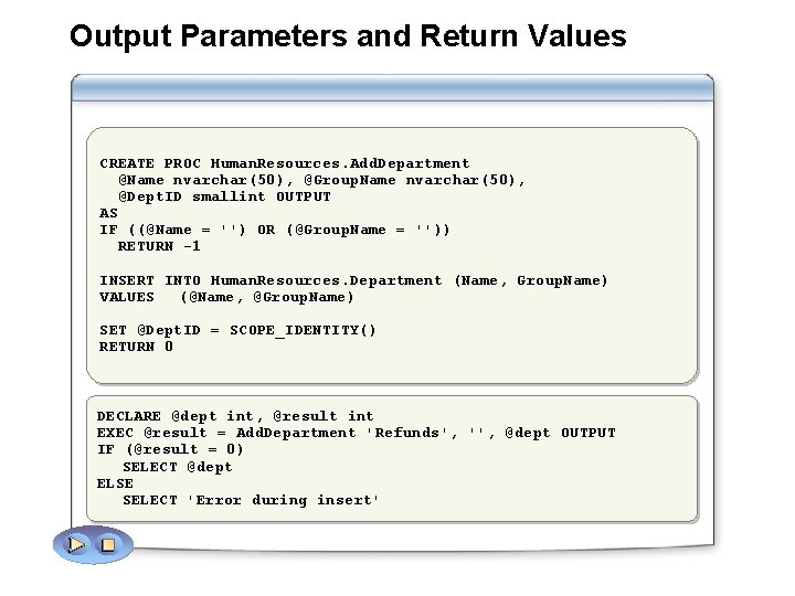 Output Parameters and Return Values CREATE PROC Human. Resources. Add. Department @Name nvarchar(50), @Group.