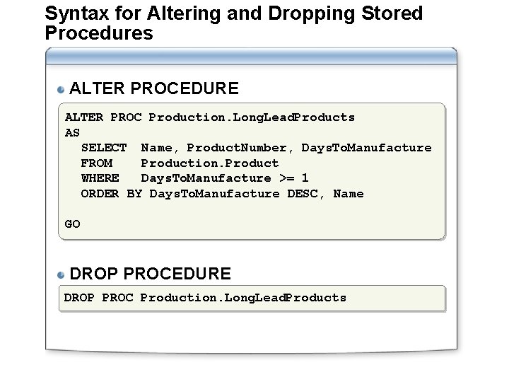 Syntax for Altering and Dropping Stored Procedures ALTER PROCEDURE ALTER PROC Production. Long. Lead.