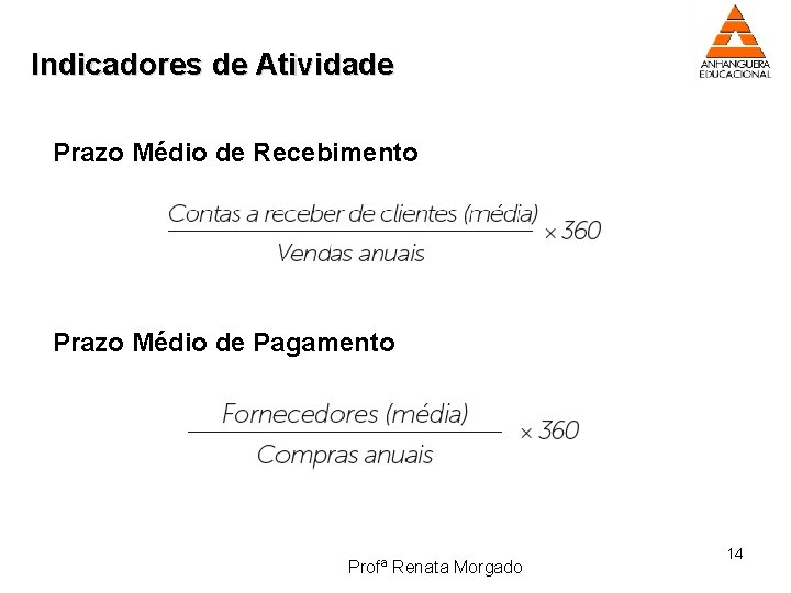 Indicadores de Atividade Prazo Médio de Recebimento Prazo Médio de Pagamento Profª Renata Morgado