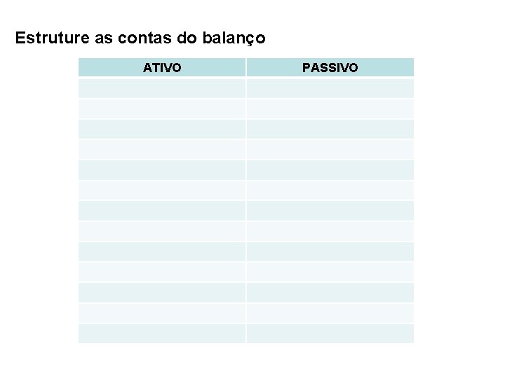 Estruture as contas do balanço ATIVO PASSIVO 