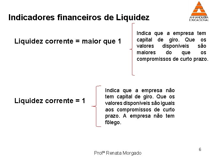 Indicadores financeiros de Liquidez corrente = maior que 1 Liquidez corrente = 1 Indica