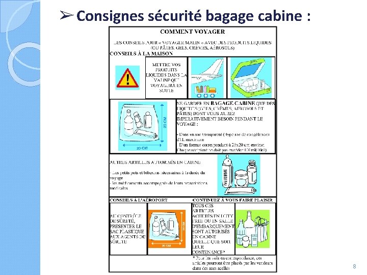 ➢ Consignes sécurité bagage cabine : 8 