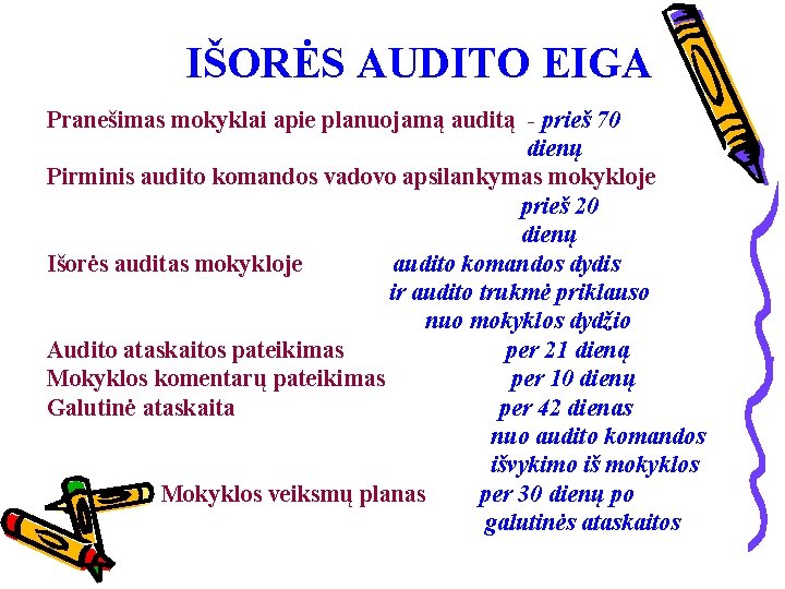 IŠORĖS AUDITO EIGA Pranešimas mokyklai apie planuojamą auditą - prieš 70 dienų Pirminis audito