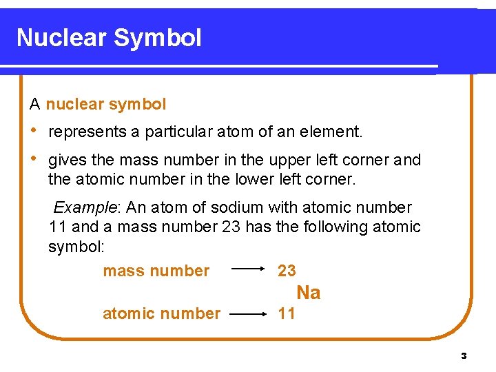 Nuclear Symbol A nuclear symbol • represents a particular atom of an element. •