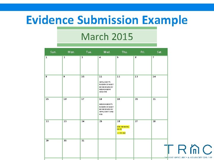 Evidence Submission Example March 2015 Sun. Mon. Tue. Wed. Thu. Fri. Sat. 1 2