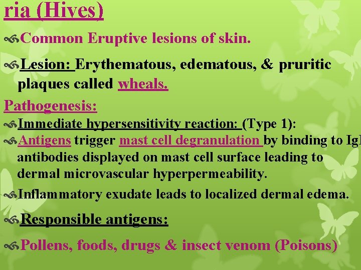 ria (Hives) Common Eruptive lesions of skin. Lesion: Erythematous, edematous, & pruritic plaques called