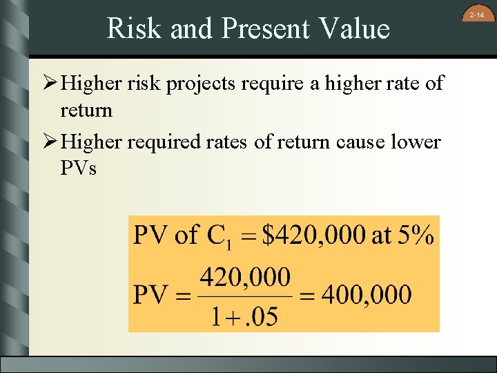 Risk and Present Value Ø Higher risk projects require a higher rate of return
