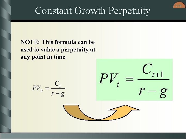 Constant Growth Perpetuity NOTE: This formula can be used to value a perpetuity at