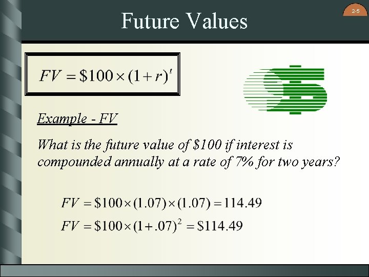 Future Values Example - FV What is the future value of $100 if interest