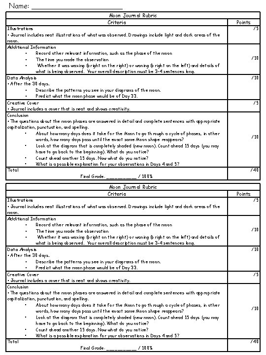 Name: ___________ Moon Journal Rubric Criteria Illustrations • Journal includes neat illustrations of what