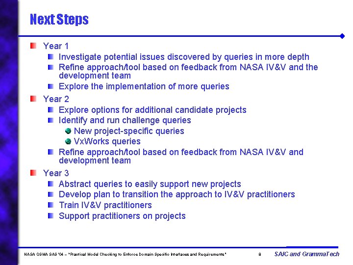 Next Steps Year 1 Investigate potential issues discovered by queries in more depth Refine