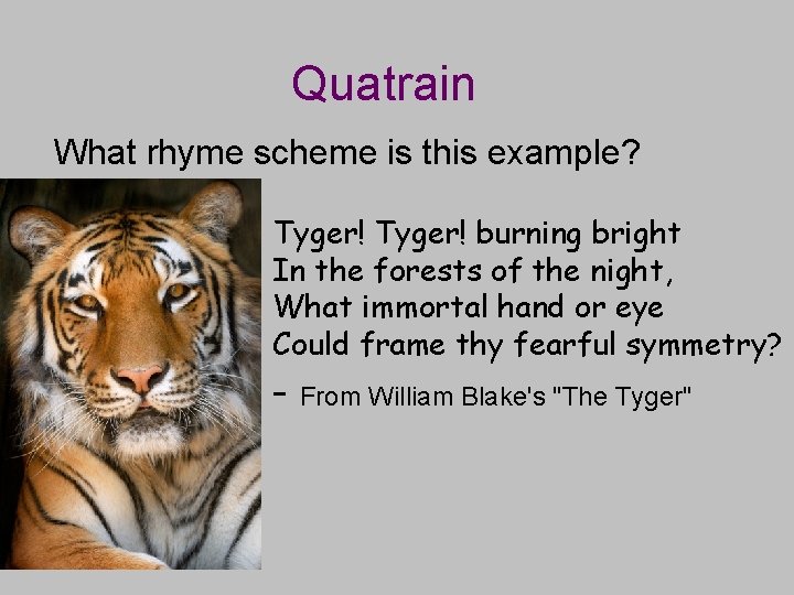 Quatrain What rhyme scheme is this example? Tyger! burning bright In the forests of