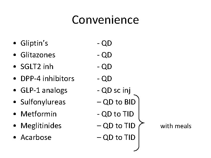 Convenience • • • Gliptin’s Glitazones SGLT 2 inh DPP-4 inhibitors GLP-1 analogs Sulfonylureas