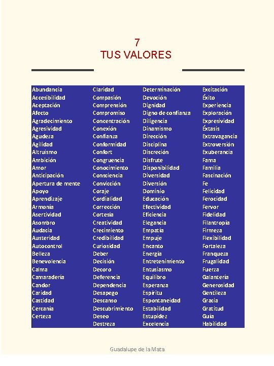 7 TUS VALORES Abundancia Accesibilidad Aceptación Afecto Agradecimiento Agresividad Agudeza Agilidad Altruismo Ambición Amor