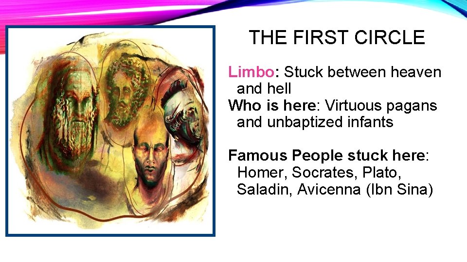 THE FIRST CIRCLE Limbo: Stuck between heaven and hell Who is here: Virtuous pagans