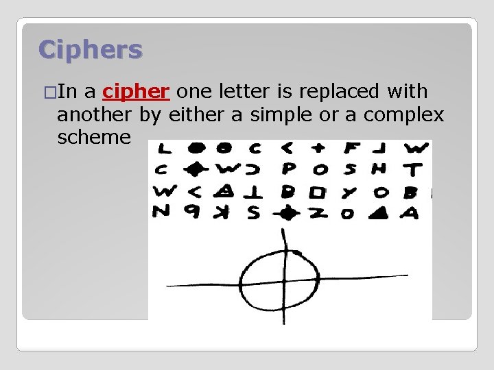 Ciphers �In a cipher one letter is replaced with another by either a simple