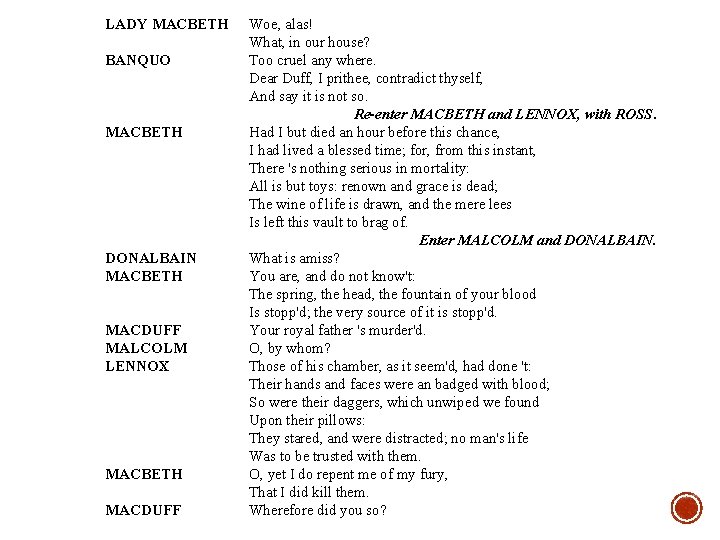 LADY MACBETH BANQUO MACBETH DONALBAIN MACBETH MACDUFF MALCOLM LENNOX MACBETH MACDUFF Woe, alas! What,