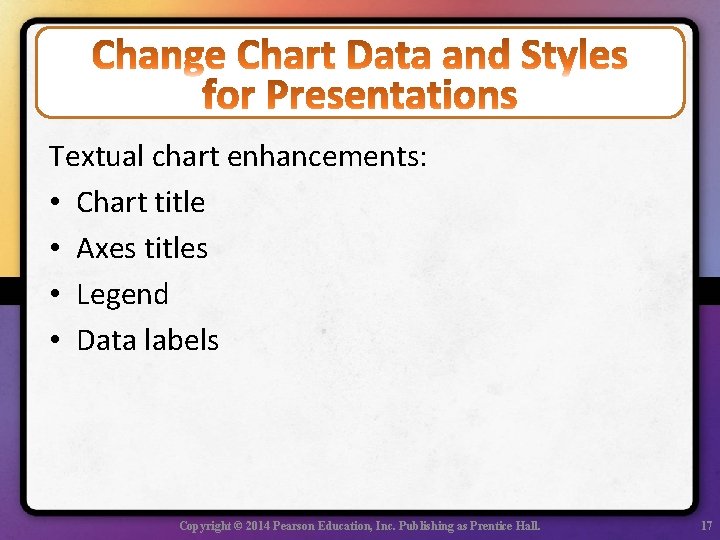 Textual chart enhancements: • Chart title • Axes titles • Legend • Data labels