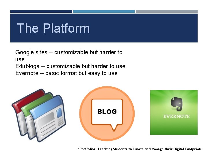 The Platform Google sites -- customizable but harder to use Edublogs -- customizable but