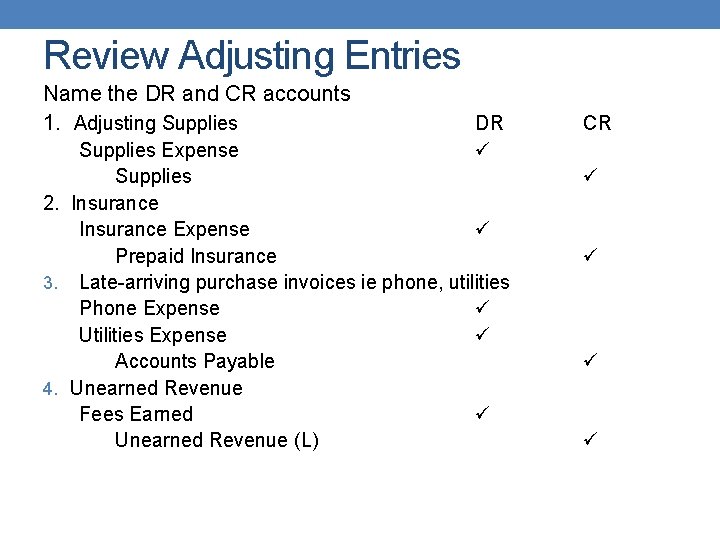 Review Adjusting Entries Name the DR and CR accounts 1. Adjusting Supplies DR Supplies