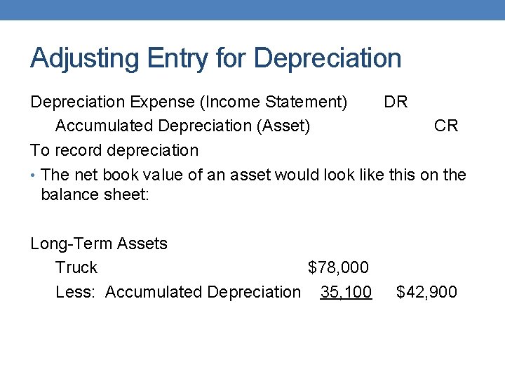 Adjusting Entry for Depreciation Expense (Income Statement) DR Accumulated Depreciation (Asset) CR To record