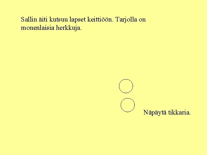 Sallin äiti kutsuu lapset keittiöön. Tarjolla on monenlaisia herkkuja. Näpäytä tikkaria. 