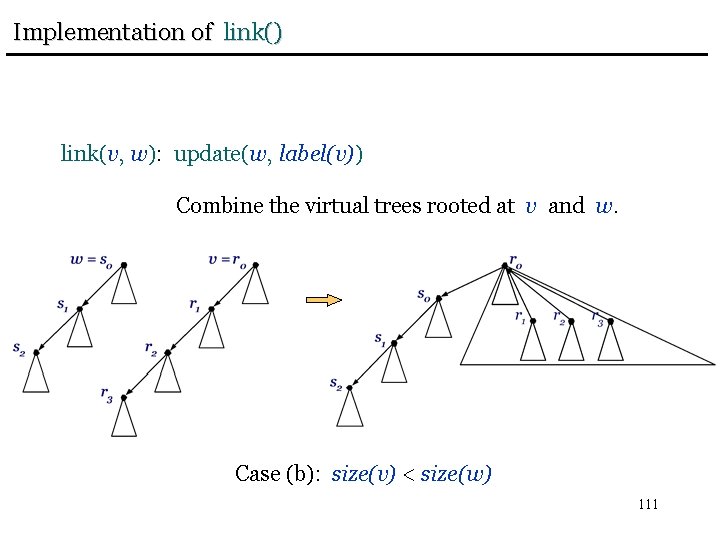 Implementation of link() link(v, w): update(w, label(v)) Combine the virtual trees rooted at v