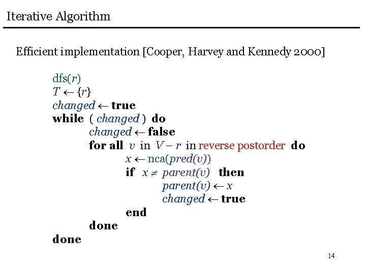 Iterative Algorithm Efficient implementation [Cooper, Harvey and Kennedy 2000] dfs(r) T {r} changed true