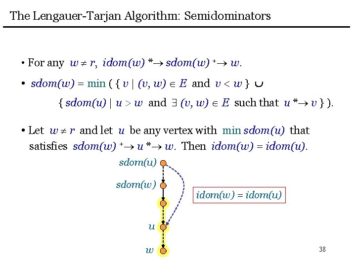 The Lengauer-Tarjan Algorithm: Semidominators • For any w r, idom(w) * sdom(w) + w.