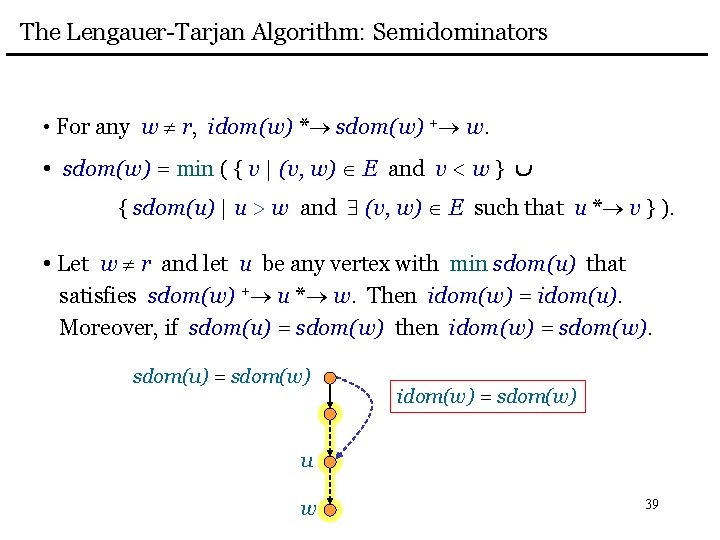 The Lengauer-Tarjan Algorithm: Semidominators • For any w r, idom(w) * sdom(w) + w.