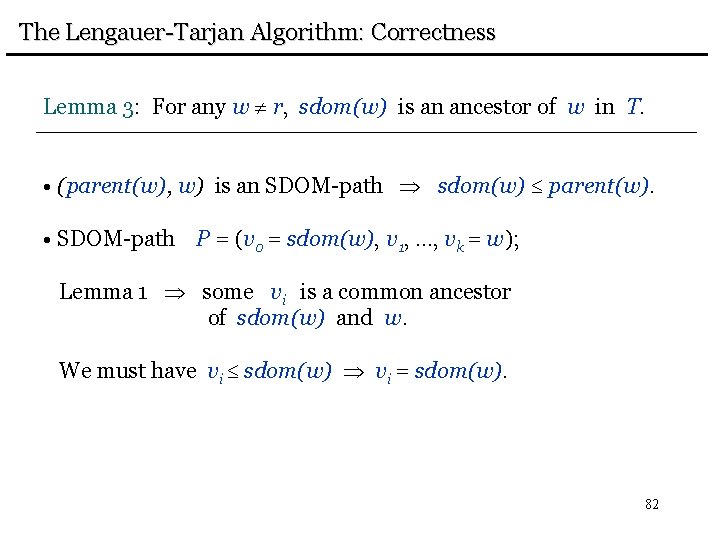 The Lengauer-Tarjan Algorithm: Correctness Lemma 3: For any w r, sdom(w) is an ancestor