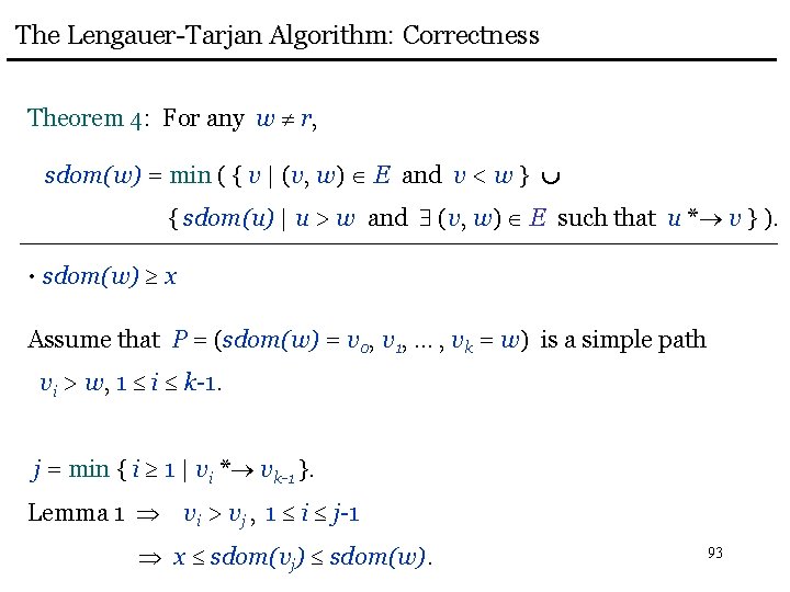 The Lengauer-Tarjan Algorithm: Correctness Theorem 4: For any w r, sdom(w) = min (