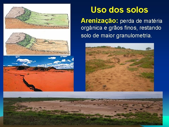 Uso dos solos Arenização: perda de matéria orgânica e grãos finos, restando solo de