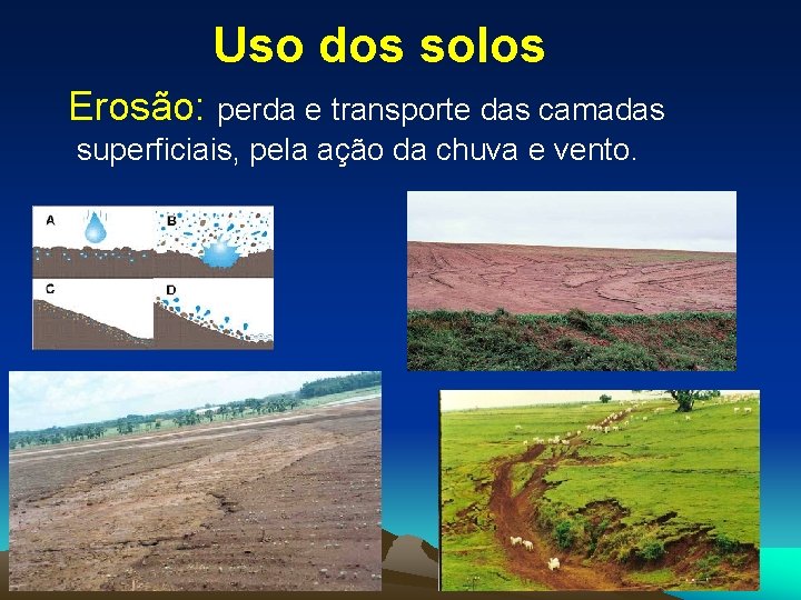 Uso dos solos Erosão: perda e transporte das camadas superficiais, pela ação da chuva