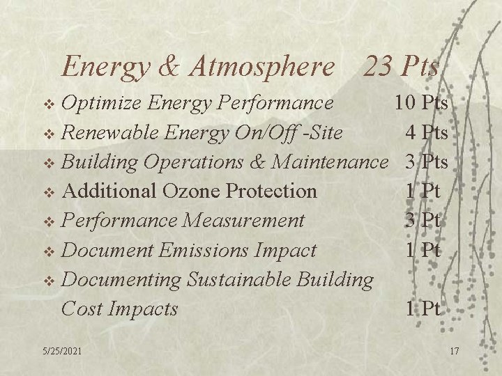 Energy & Atmosphere 23 Pts Optimize Energy Performance 10 Pts v Renewable Energy On/Off