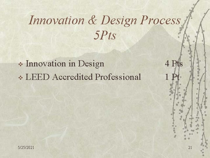 Innovation & Design Process 5 Pts Innovation in Design v LEED Accredited Professional v