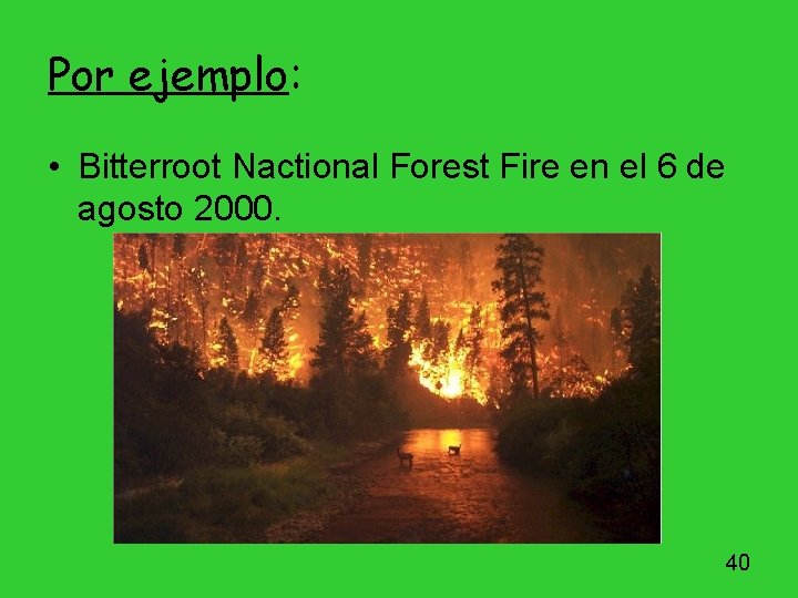 Por ejemplo: • Bitterroot Nactional Forest Fire en el 6 de agosto 2000. 40 Por ejemplo: • Bitterroot Nactional Forest Fire en el 6 de agosto 2000. 40
