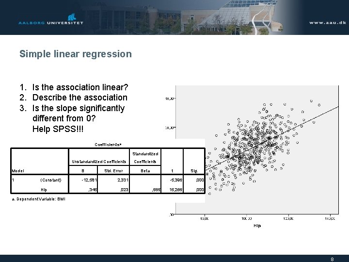 Simple linear regression 1. Is the association linear? 2. Describe the association 3. Is
