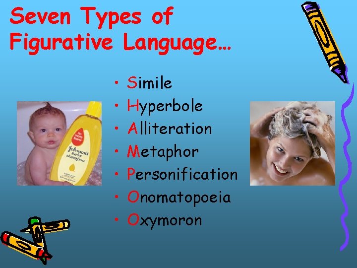 Seven Types of Figurative Language… • • Simile Hyperbole Alliteration Metaphor Personification Onomatopoeia Oxymoron