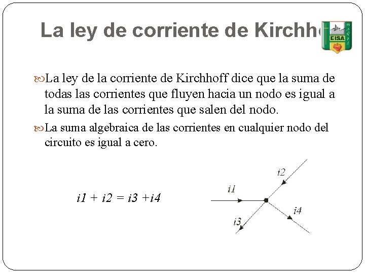 La ley de corriente de Kirchhoff La ley de la corriente de Kirchhoff dice