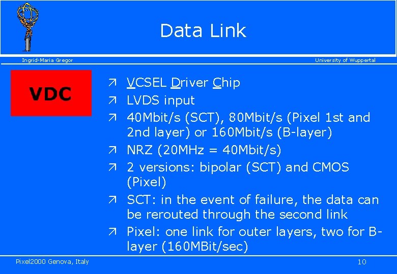 Data Link Ingrid-Maria Gregor University of Wuppertal ä VCSEL Driver Chip ä LVDS input