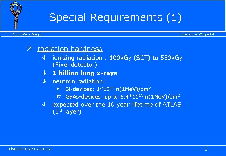Special Requirements (1) Ingrid-Maria Gregor University of Wuppertal ä radiation hardness â ionizing radiation
