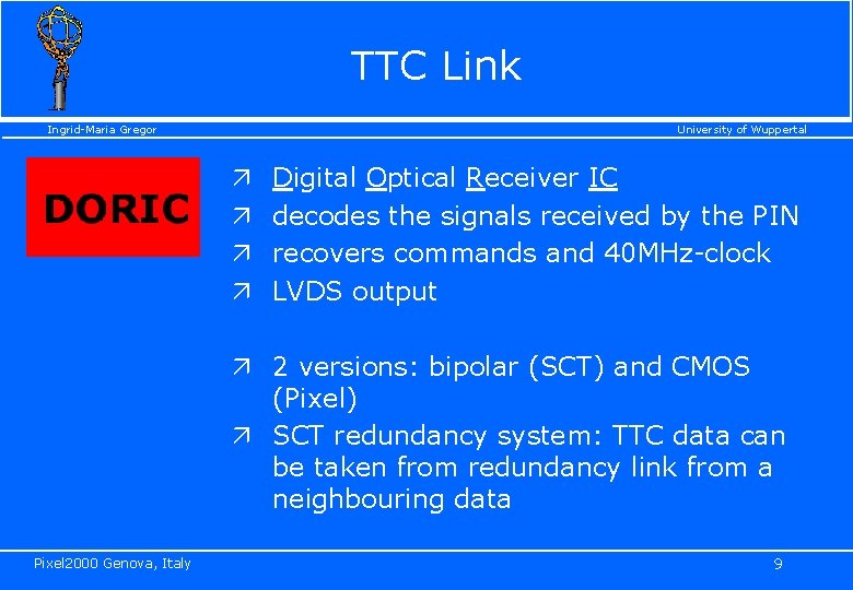 TTC Link Ingrid-Maria Gregor University of Wuppertal ä ä Digital Optical Receiver IC decodes