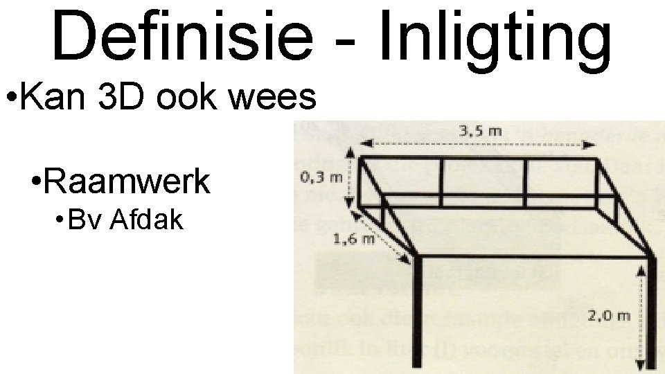 Definisie - Inligting • Kan 3 D ook wees • Raamwerk • Bv Afdak